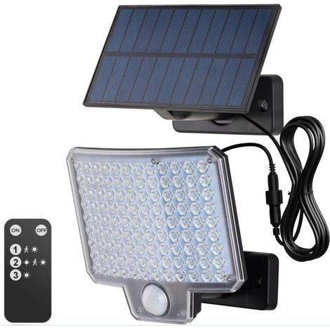 Lampe solaire d'extérieur (avec détecteur de mouvement, 108 LED/3 réglages/1500 mAh), lampe solaire d'extérieur avec télécommande, indice d'étanchéité IP44, convient pour le jardin et le garage [class