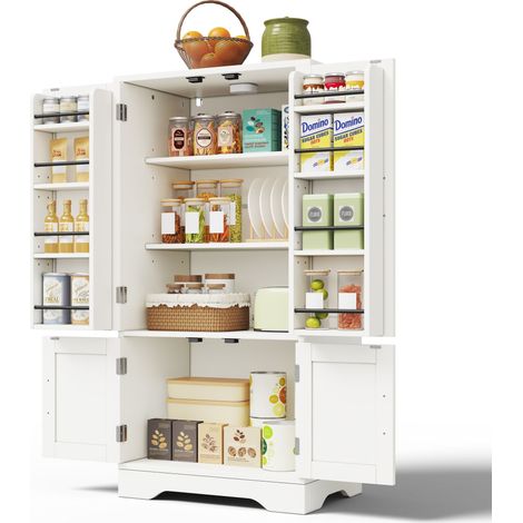 Kuchen Hochschrank mit 4 Turen, 2 Verstellbaren Einlegeboden, LED und Turablage, aus MDF, 120×40×60 cm, Weiss (1/5)