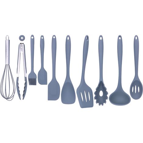 Ensemble de 10 ustensiles de cuisine en silicone antiadhésifs : spatule, cuillère, fouet à œufs, pinceau (gris) (1/5)
