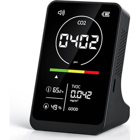 Moniteur de qualité de l'air 4-en-1 : Détecteur de CO2 et de COV, thermomètre et hygromètre — Idéal pour la maison, le bureau, la salle de sport et la voiture (1/5)