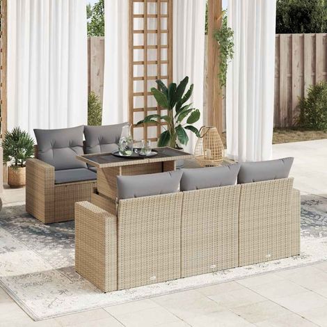 Salon de jardin avec coussins 6 pcs beige résine tressée (1/5)