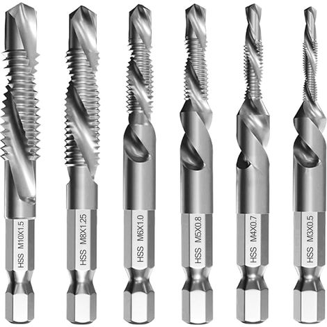 Lot de 6 Forets Taraudeurs Combinés M3 M4 M5 M6 M8 M10 avec Tige Hexagonale 6 mm, Kit Taraudage, Taraud Machine, Revêtement Antirouille, pour Perçage et Taraudage Simultané, Outils Multifonction