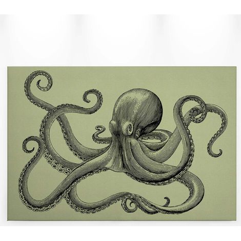Tableau salle de bain pieuvre sur fond vert | Tableau original avec poulpe pour salon | Tableau sur toile animaux noir & vert 0,9 x 0,6 m (1/5)