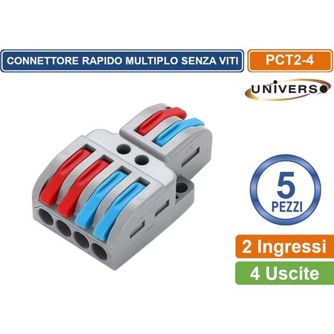UNIVERSO CONFEZIONE 5 PEZZI MORSETTO CONNETTORE UNIVERSALE MULTIPLO CONNESSIONE RAPIDA SENZA VITI  2 POLI IN INGRESSO 4 POLI IN USCITA (1/2)