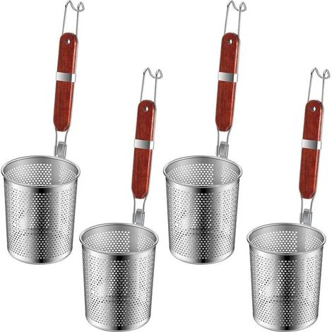 Lot de 4 paniers à pâtes en acier inoxydable, poignée en bois, passoire pour pâtes, nouilles, boulettes