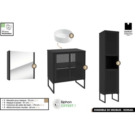 Ensemble complet de salle de bain - Meuble - Colonne - Miroir - Vasque avec Siphon OFFERT NOMAD NOIR 70 x 80 x 43 cm (1/5)