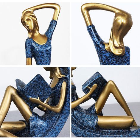Figuritas - Conjunto de 2 piezas: una chica practicando yoga y una chica leyendo, estatuas de resina, azul y dorado (28x20x6cm) (1/4)