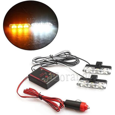 2x3 Feux stroboscopiques d'urgence FSO, gyrophares LED, stroboscopes, feux de police, 12 V, 6 W, clignotants pour voiture, allume-cigare - 1 blanc, 1 jaune (1/5)