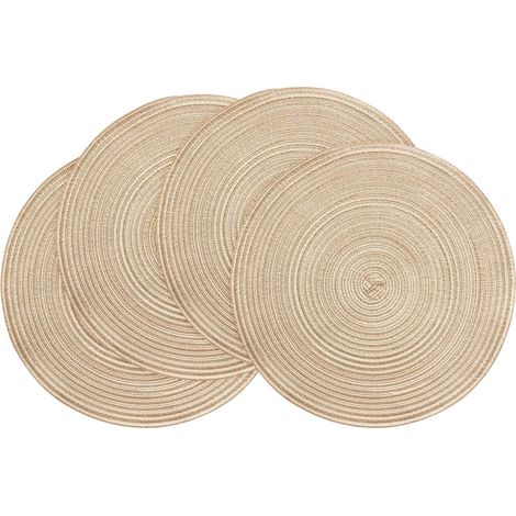 Lot de 4 sets de table ronds 38 × 38 cm beige toile en coton et polyester tressés lavables et résistants à la chaleur (1/5)