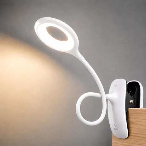 Lampe de Bureau Enfant à Pince, 3 Couleurs, Rechargeable USB, Blanc (1/5)