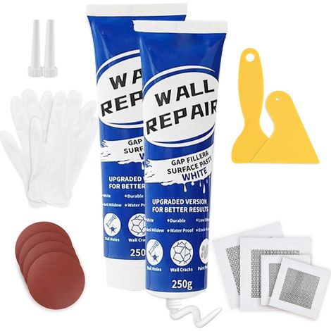 Crème Réparation Murale, 500g Enduit de Rebouchage Pâte de Murs, 4 patchs Cloisons Sèches 4 papiers de verre, Répare Efficacement les Rayures, Trous, Fissures, Graffitis Sur les Murs (1/5)
