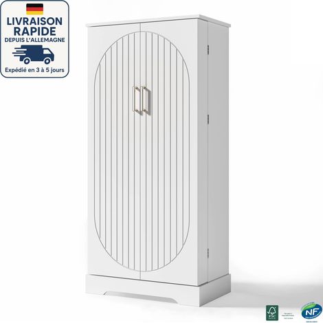 MODFU - Aparador de cocina de 2 puertas, mueble de almacenaje, con iluminación LED con sensor, estantes regulables, 60×35×128 cm, MDF, blanco, diseño lineal (1/5)