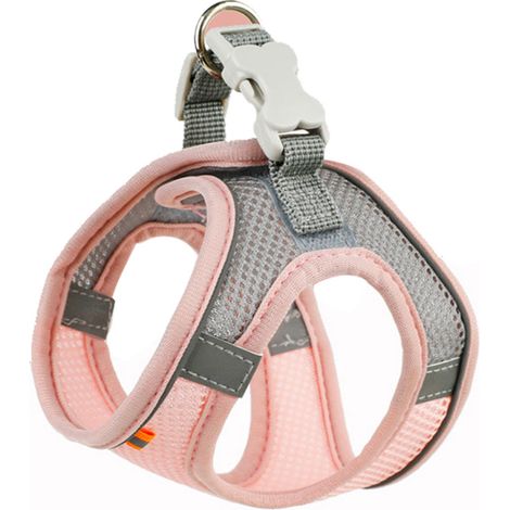 Harnais pour animaux de compagnie avec laisse, bande réfléchissante et fermeture auto-agrippante, en tissu doux, rose frais, taille S. Convient aux chats et aux chiens. (1/5)