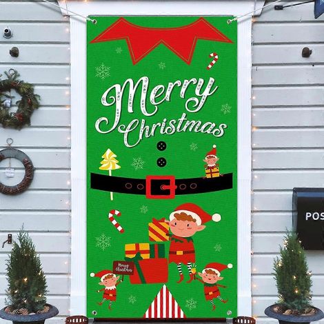 Décoration de porte de Noël - Bannière « Joyeux Noël » à suspendre, décoration extérieure sur le thème des lutins pour Noël 2022 (vert) (1/5)