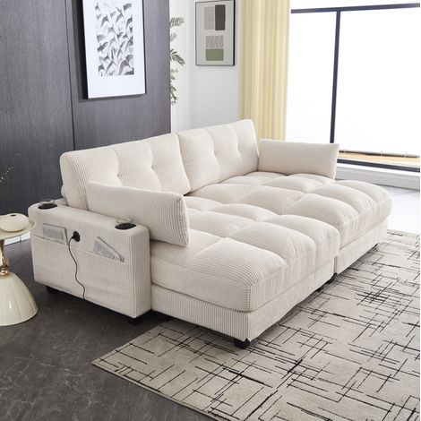 Canapé 2 places en velours côtelé beige, 2 coussins, 4 porte-gobelets, poches latérales, ports USB (1/5)