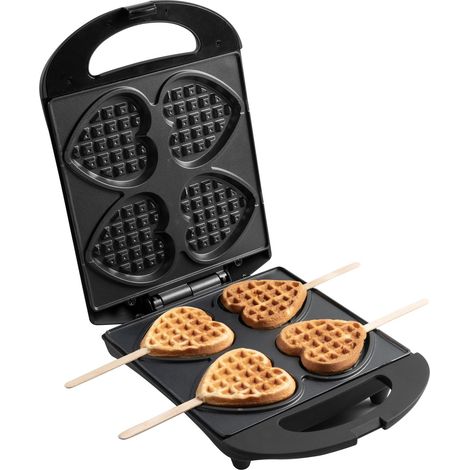 Bestron Waffle Maker, piastra per waffle a forma di cuore per waffle su un bastone, macchina per waffle con antiaderente & indicatoro luminso, collezione Sweet Dreams, 700 watt, colore: nero (1/5)