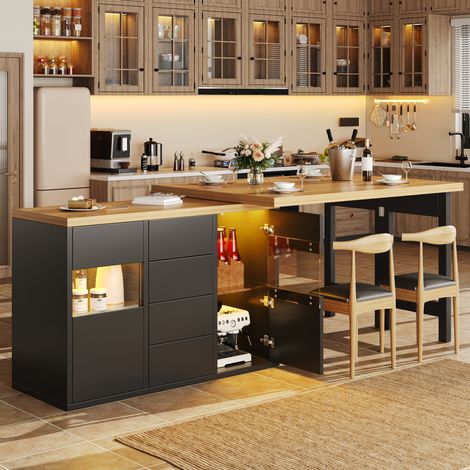 Îlot de cuisine pivotant 120-197 cm, LED RGB par appli, 4 tiroirs, portes vitrées, MDF métal noir (1/5)