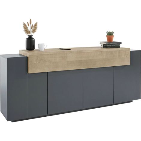 Dmora - Credenza Discordia, Madia da cucina a 4 ante, Buffet da soggiorno, 100% Made in Italy, cm 220x45h86, Antracite e Acero
