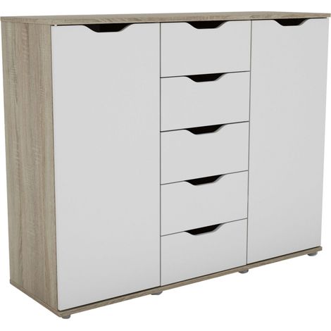 Buffet de salon 2 portes, 5 tiroirs, chêne Sonoma Parc et blanc mat, 120 x 97 x 38 cm (1/5)