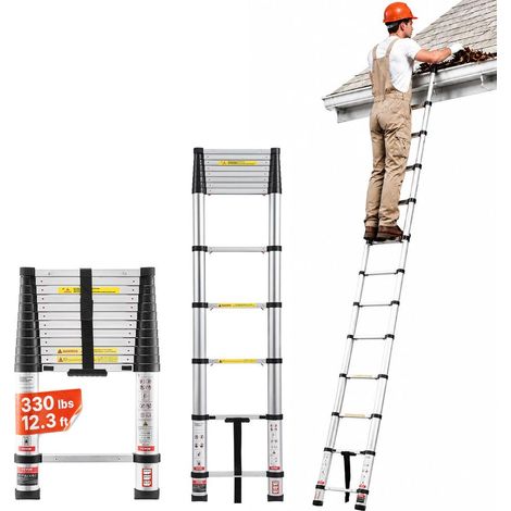 Échelle Télescopique Pliable 3,8 m en Aluminium Rétraction à un Bouton Capacité 150 kg pour Maison et Grenier (1/5)