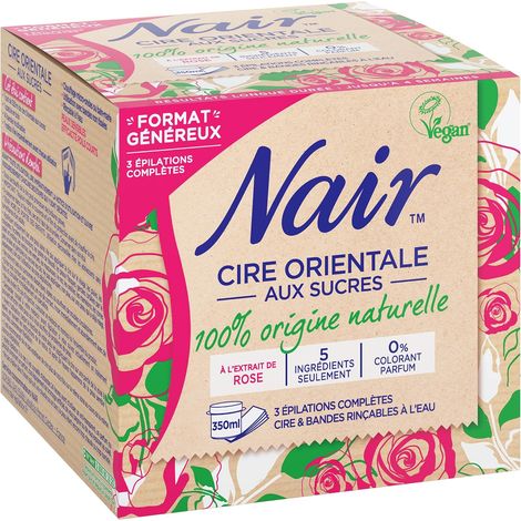NAIR - Cire Orientale aux Sucres à l'Extrait de Rose, 100% d'Origine Naturelle, Sans Colorant ni Parfum, avec Bandes s Rinçables, Pot de 350ml (1/5)