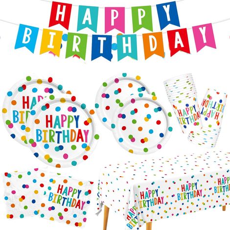 Assiettes - Serviettes - Gobelets - Nappe - Banderoles - Guirlande - Fournitures Pour Fête D'anniversaire - Design Points Colorés - 20 Personnes (1/5)