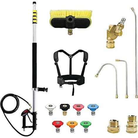 7,3m Baguette Téléscopique pour Nettoyeur Haute Préssion (Tête Brosse Comprise), avec 2 Extensions, Gouttières, 7 Buses, Ceinture et 2 Adaptateurs Tuyau (1/5)