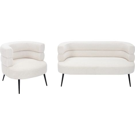 Canapé 2 places et fauteuil en tissu bouclette blanc CAMEDO (1/5)