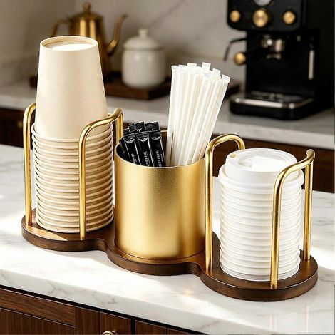 Porte-tasses à café avec porte-paille et porte-agitateur, design à plusieurs fentes sur base en bois, convient à une utilisation à la maison, dans la cuisine et au bureau, couleur or. (1/5)