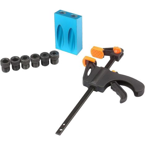 Kit de 8 gabarits de perçage pour trous de poche : guide de perçage incliné de 8 mm, 10 mm et 15°, outil de menuiserie, gabarit de perçage incliné, poinçon, gabarit de positionnement, foret. (1/5)