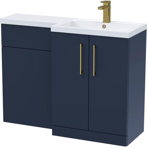 Balterley Right-Hand Bathroom Vanity and WC Unit Combination with Basin - 1100mm - Satin Dark Blue with Brushed Brass Handles (1/5)
