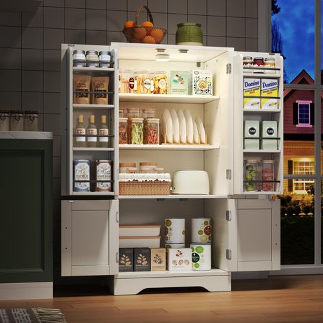 Aparador de cocina 120 x 60 x 40 cm - con LED con sensor de movimiento - 4 puertas con estantes y compartimentos - blanco