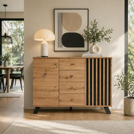 Buffet moderne 1 porte noire rainurée 4 tiroirs ALVA (1/5)