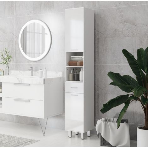 Armario de baño blanco 30 x 30 x 180 cm con cajón, estantes y puertas (1/5)
