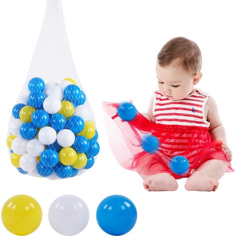 100 balles de piscine réutilisables en plastique souple blanc, bleu et jaune, jouets pour enfants (1/5)