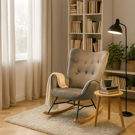 Meuble Cosy Fauteuil de Relaxation, Rocking Chair Confortable, Chaise à Bascule pour Salon en Velours avec Pieds Bois et Métal (1/5)