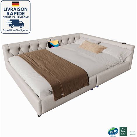 Lit adulte capitonné 140x200 - sommier à lattes - lin - ports et prises USB+Type-C - Dossier tissé à boutons - Lumière d'ambiance avec télécommande - Beige (1/5)
