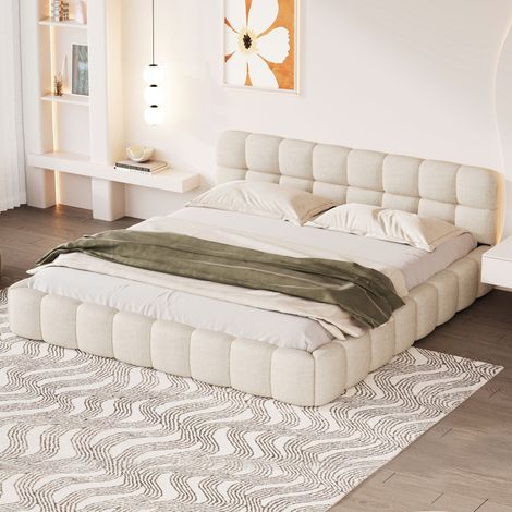 Lit double adulte 160x200 cm avec tête de lit capitonnée, revêtement en lin beige, cadre en métal, sans matelas