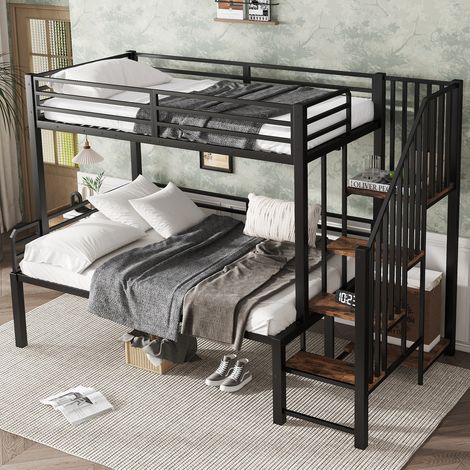 Letto a castello bambini 90x200 cm e 120x200 cm con vano portaoggetti e sponde laterali, nero, senza materasso (1/5)