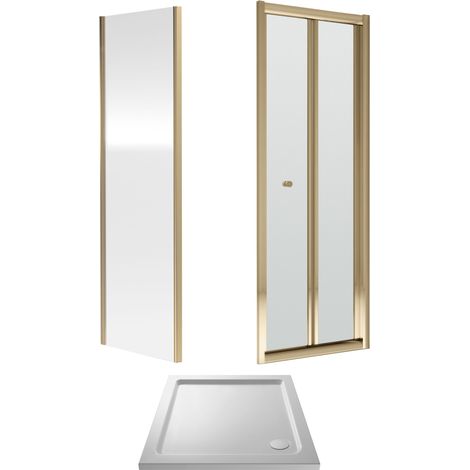 Balterley Square Bi-Fold Shower Suite & 4mm Safety Glass Door, Side Panel 800x800mm Tray Polished Brushed Brass Frame & White Tray (1/3)