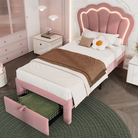 Bett 90x200 cm, Polsterbett aus Samt in Rosa, mit verstellbarem Kopfteil, RGB-LED, Lattenrost und Schublade (1/5)