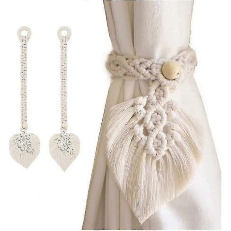 Embrasses de rideaux, lot de 2, en corde de coton beige à motif de feuilles style bohème (1/5)