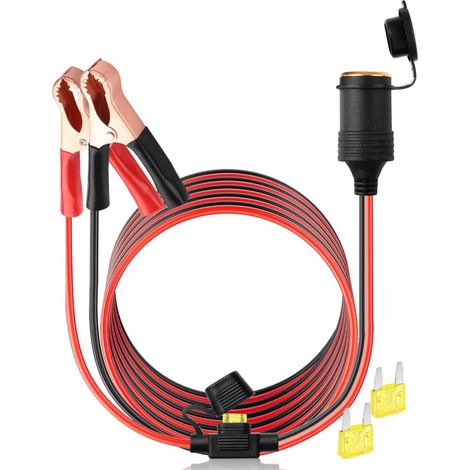 Cordon d’extension de 3 m avec pinces crocodile pour batterie de voiture, prise allume-cigare femelle 12 V/24 V, 14 AWG, pour batterie automobile et alimentation d’urgence (1/5)