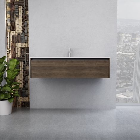 Inda - Badezimmerschrank 1 Schublade B.120 mit glänzendem Waschbecken / Braune Eiche - Smeraldo