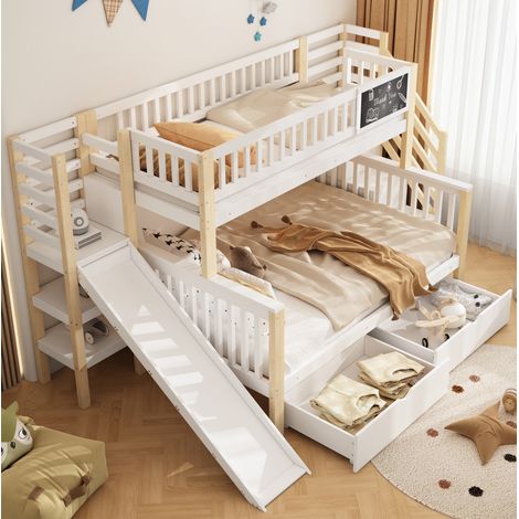 Lit superposé enfant en bois massif blanc et naturel 90x200 & 140x200 cm avec escalier, rangements et toboggan (1/5)