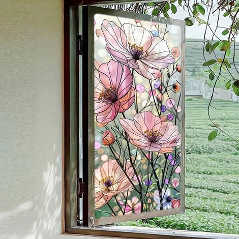 Papiers peints décoratifs pour vitres à motif floral vintage, film de confidentialité pour fenêtre motif marguerites roses (1/5)