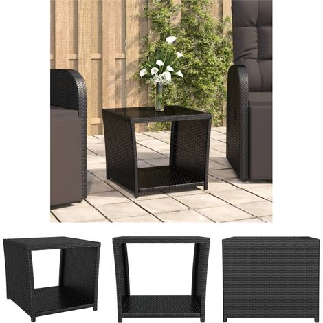 The Living Store - Beistelltisch mit Glasplatte Schwarz Poly Rattan & Hartglas (1/5)