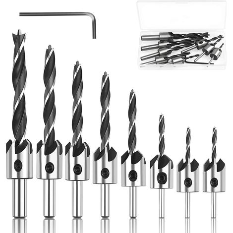 Wood Drill Bit with Countersink, 8 Pieces, HSS Steel Tapered Wood Countersink, High Speed Wood Drill Bit with Hex Key, Reamer, Chamfering Tool, 3, 4, 5, 6, 7, 8, 10 mm (1/5)