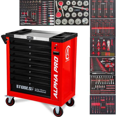 Carro de Taller Automóvil BM TOOLS ALPHA-PRO - 9 Cajones - 311 HERRAMIENTAS, 4 ruedas, 2 frenos, Carrito MECÁNICO - Rojo (1/5)