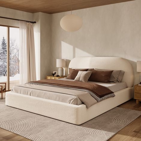 BATDTECH - Cama doble 180x200 cm, Cama con somier y cabecero acolchado de 13,5 cm, Tapizado en bouclé beige, sin colchón